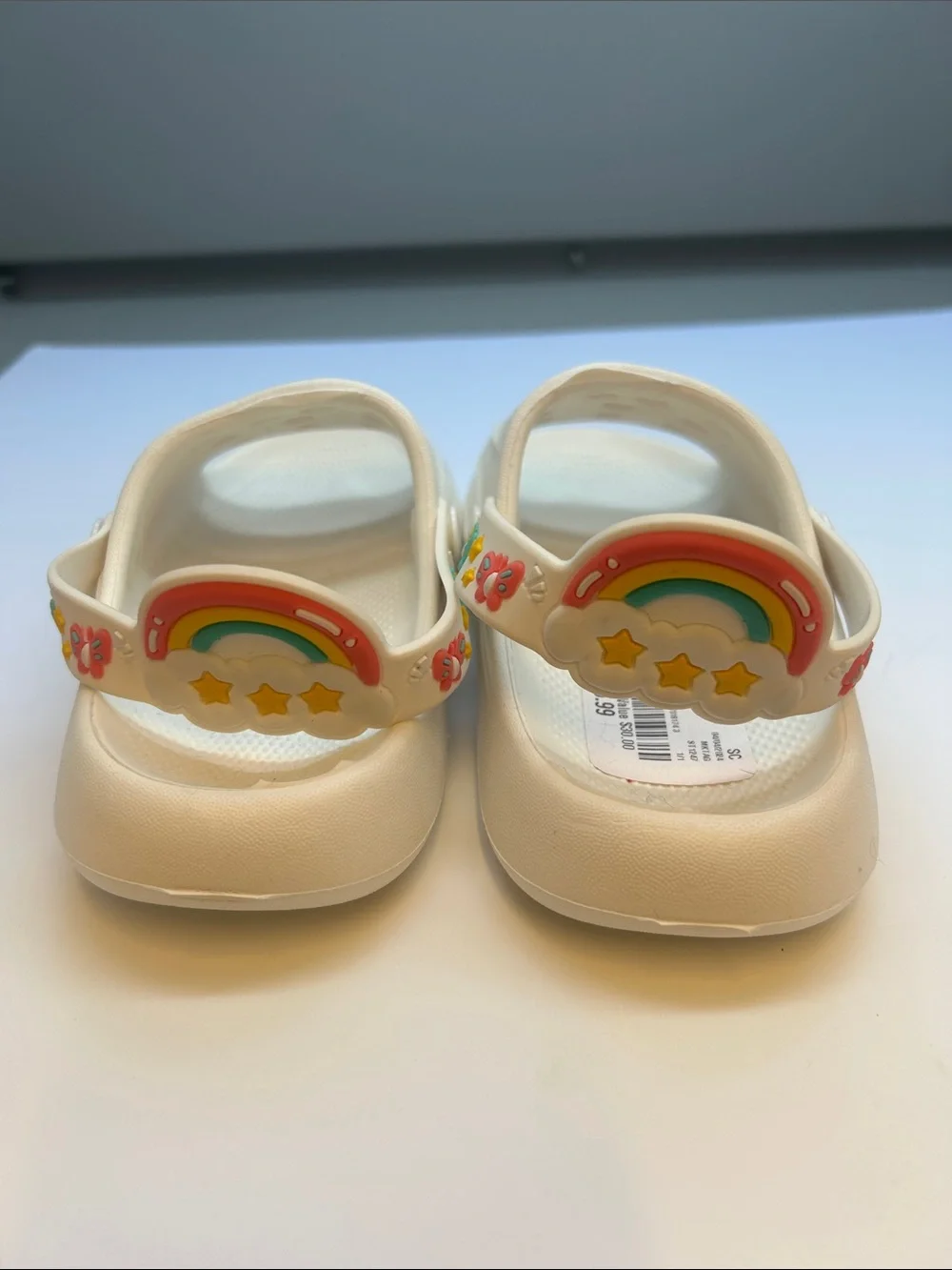 New kids croc-style sandals with rainbow and butterfly on strap